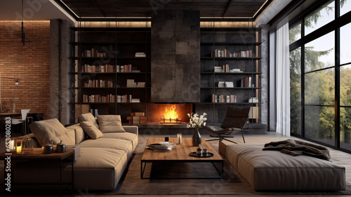 Industrial interior design for a modern living room featuring an elegant sofa, wall, a table, and accessories