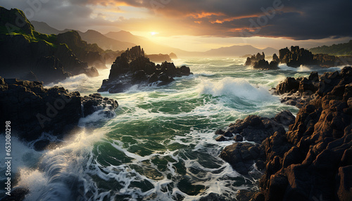 Sunset over the coastline, waves breaking on rocky cliffs generated by AI