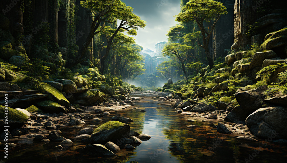 Tranquil forest green leaves, flowing water, mysterious beauty generated by AI