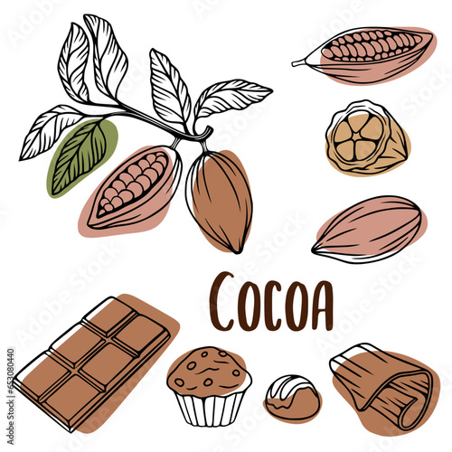 Cacao vector illustration set. Cocoa hand drawn doodle. Chocolate sketch. Cacao plant part, cacao beans, leaves, chocolate bar, muffin, chocolate dessert. Design for cafe, shop, menu, label, logo.
