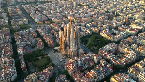 Sagrada Familia Cathedral, aerial view of Barcelona city skyline at sunrise. Catalonia, Spain