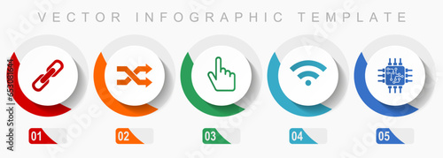 Web and internet icon set, miscellaneous icons such as chain, arrows, finger, signal and chip, flat design vector infographic template, web buttons in 5 color options