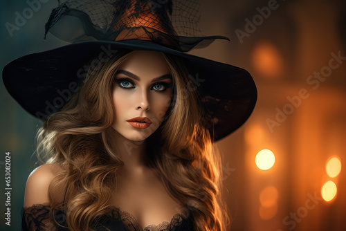 Portrait of beautiful woman in witch halloween costume