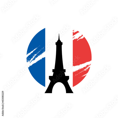 Minimalist vector illustration of the Eiffel Tower silhouette over a circular French flag background with brushstroke effect.