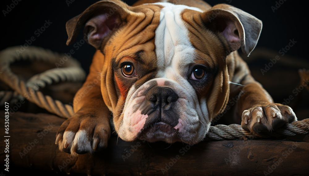Cute bulldog puppy sitting, looking sad, indoors, close up generated by AI