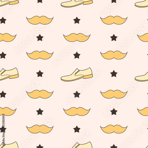 seamless pattern of mustaches and shoes with stars on a pink background