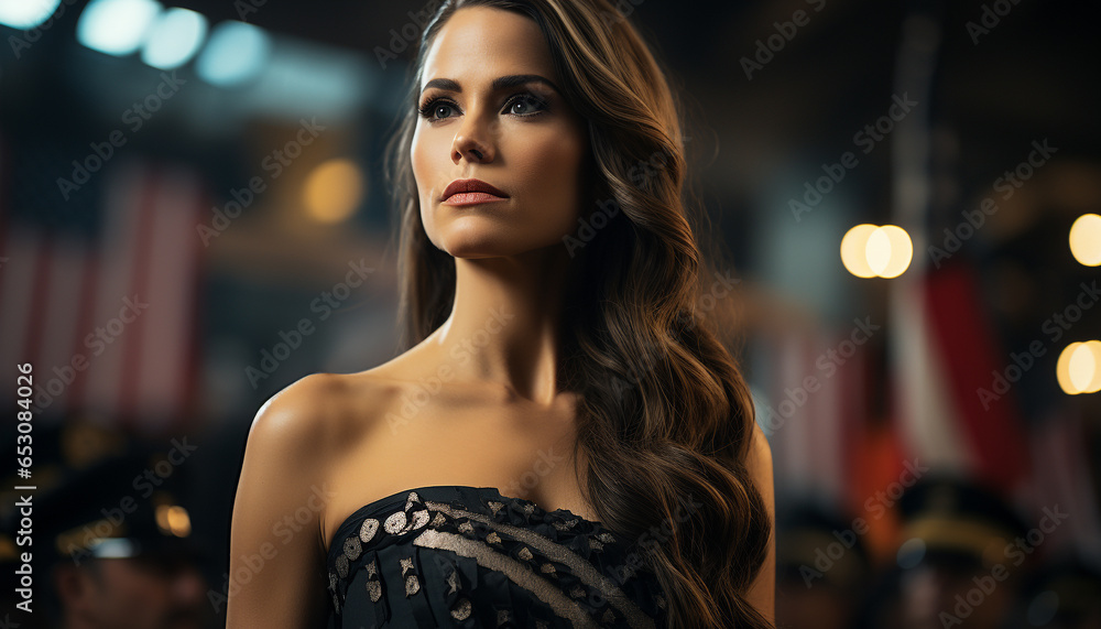 Young woman with brown hair, elegance and beauty, looking at camera with confidence and a cute smile, wearing a fashionable dress, standing indoors generated by AI Young woman with brown hair, elegance and beauty, looking at camera with confidence and a cute smile, wearing a fashionable dress, standing indoors generated by AI
