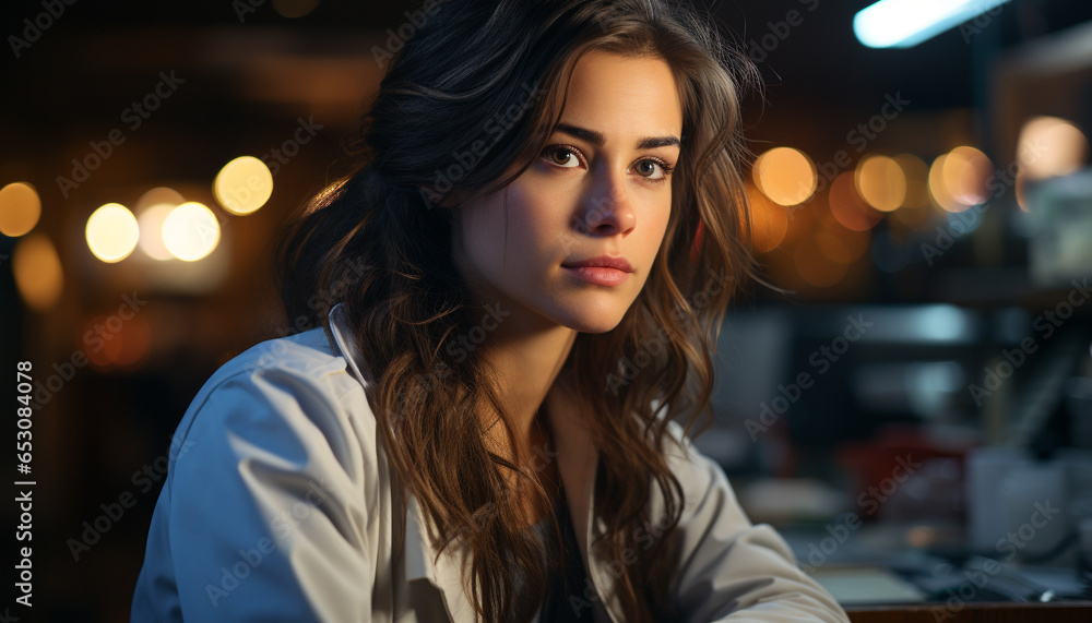 Beautiful young woman with brown hair, looking confidently at camera generated by AI Beautiful young woman with brown hair, looking confidently at camera generated by AI