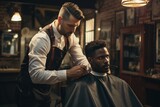 A barber trimming a customer's hair.