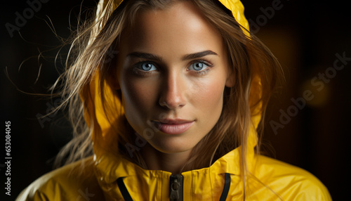 Beautiful woman with wet hair smiling, looking at camera generated by AI