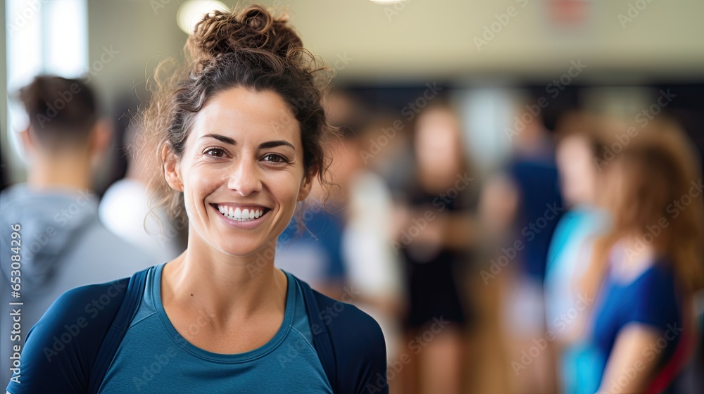 Fototapeta premium Female physical education teacher holds a Smiling Gym folder behind her for students to exercise.