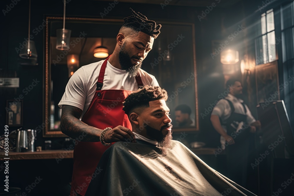 An African American barber trimming a customer's hair. - obrazy, fototapety, plakaty 