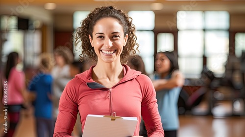 Female physical education teacher holds a Smiling Gym folder behind her for students to exercise.