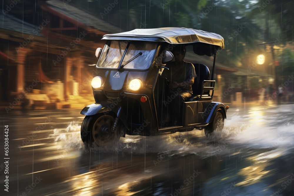 Tuk tuk driving through a flooded street. Tuk tuk driving through a flooded street.