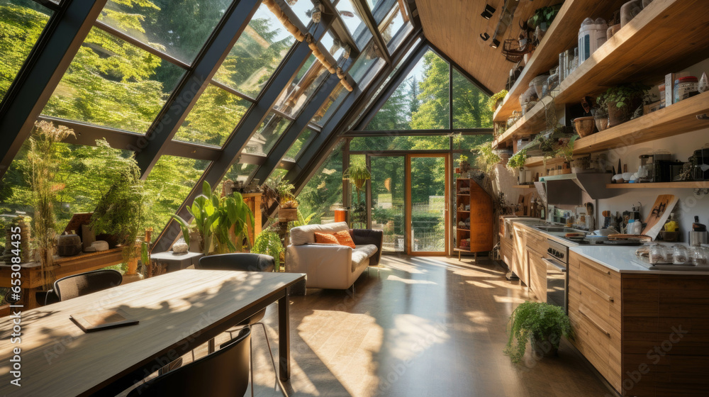 modern kitchen with a dining room and large windows