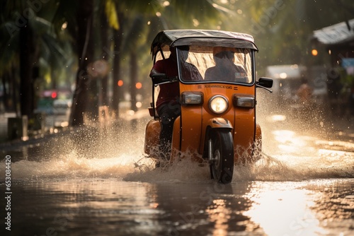 Tuk tuk driving through a flooded street. photo