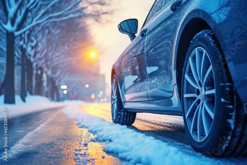 Close-up side view of sedan car on snowy road © Ara Hovhannisyan
