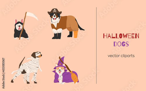 Fototapeta Naklejka Na Ścianę i Meble -  Dogs in different Halloween costume. Pirate, Grim Reaper, mummy and witch. Happy Halloween vector illustration. Ideal for holiday cards, decorations, invitations and stickers