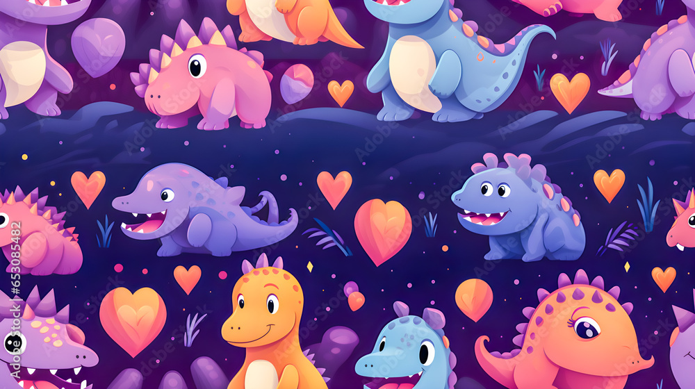 Seamless pattern of cute cartoon animals of different types of dinosaurs Seamless pattern of cute cartoon animals of different types of dinosaurs