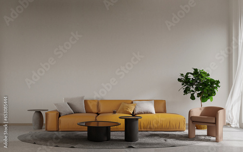 Yellow leather sofa and grey pillows against empty white wall background. Minimalist style home interior design of modern living room. 3d rendering.