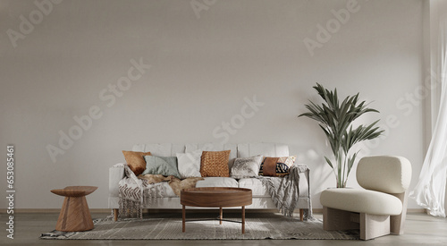 Fototapeta Naklejka Na Ścianę i Meble -  Beige sofa and grey pillows and wooden chairs against white wall background. Minimalist style home interior design of modern living room. 3d rendering.