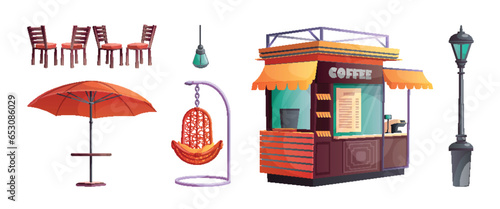 Street outdoor cafe table vector element illustration set. Cartoon outside cafeteria with coffee, chair, hammock and umbrella clipart for park scene. Town store business facade with menu and counter