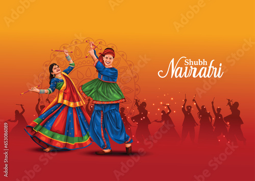 PrintGarba Night poster for Navratri Dussehra festival of India. vector illustration design of peoples playing Dandiya dance.