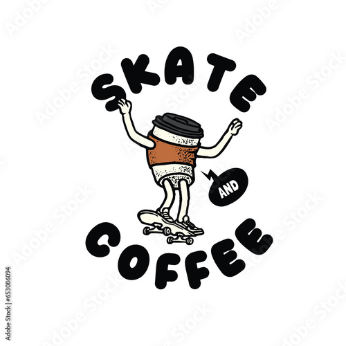 Vector hand drawn vector skateboard and coffee