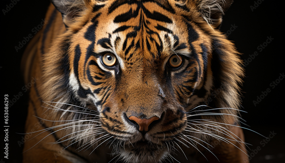 Obraz premium Majestic tiger, fierce hunter, beauty in nature wild generated by AI