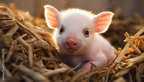 Cute piglet snout, fluffy fur, sleeping in meadow generated by AI