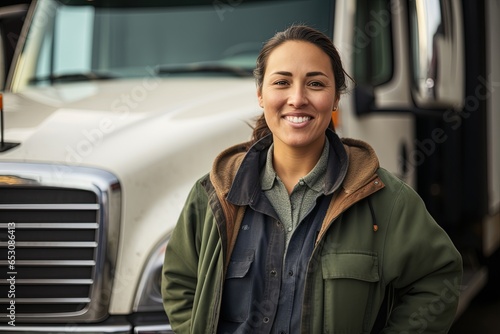 A smiling plus size female truck driver.