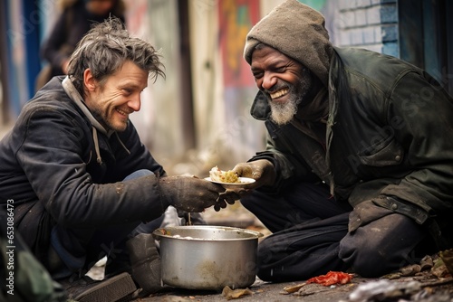 Man gives food to homeless person.