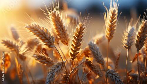 Golden wheat fields in the rural sunset, nature harvest generated by AI
