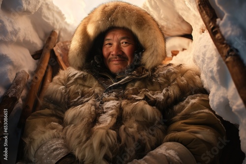 Native Alaskan Eskimo man in igloo.