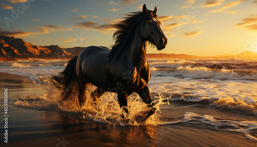 Stallion mane waves in sunset, nature beauty unleashed generated by AI