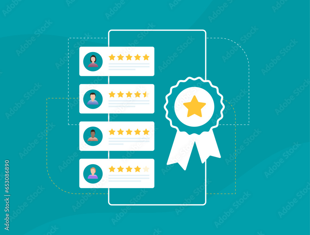 Trusted user reviews business concept. Customer satisfaction with verified rating and real feedbacks. Vector illustration isolated on green background with icons - obrazy, fototapety, plakaty 