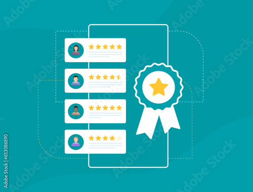 Trusted user reviews business concept. Customer satisfaction with verified rating and real feedbacks. Vector illustration isolated on green background with icons