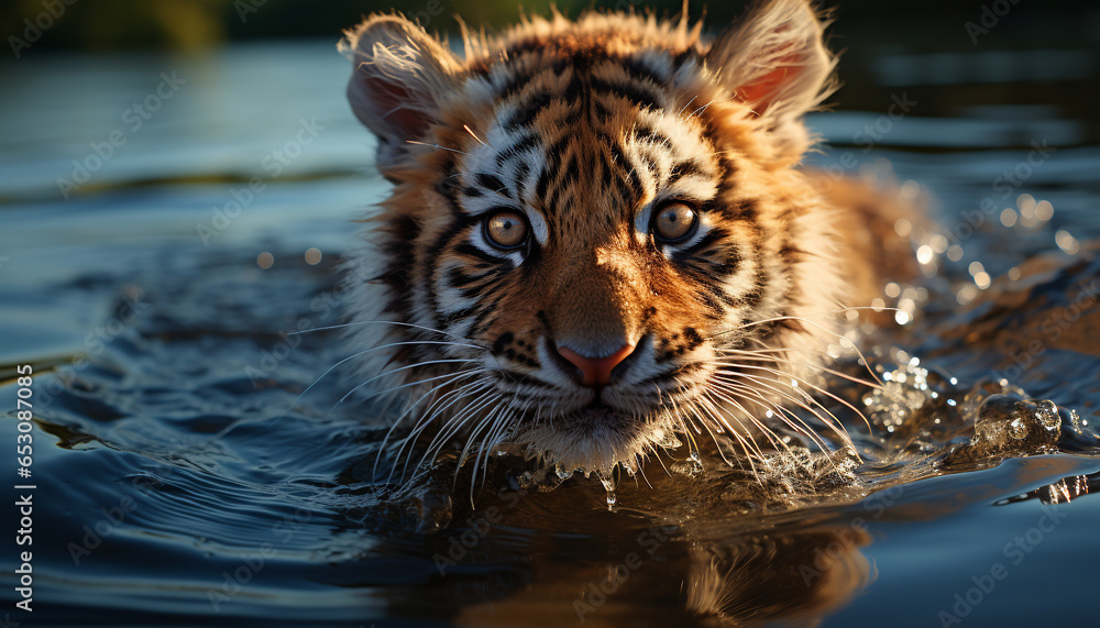 A cute tiger stares, reflecting its beauty in nature generated by AI