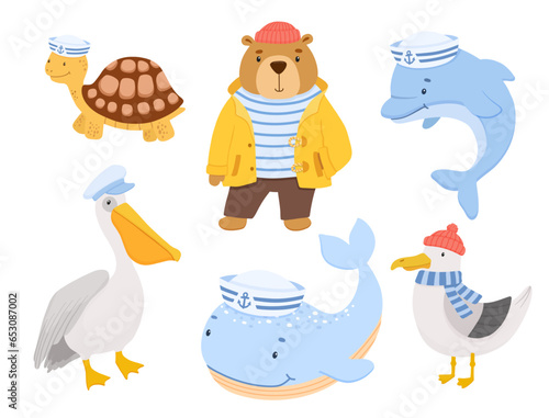 Cute sailor bear, seagull, turtle and dolphin. Funny vector illustrations set of childish characters isolated on white background