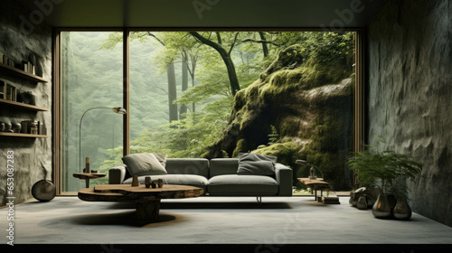 modern room with a couch and a large window overlooking a forest