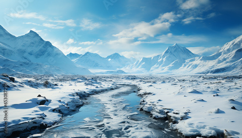 Majestic mountain peak, frozen landscape, tranquil scene, beauty in nature generated by AI