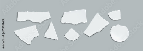 Realistic set of white paper pieces isolated on grey background. Vector illustration of abstract shape sheets with torn uneven edges  destroyed blank photo template  waste material for recycling