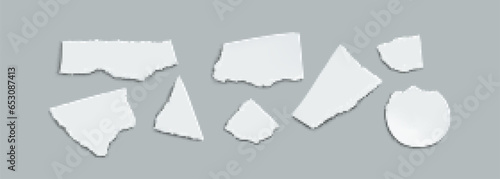 Realistic set of white paper pieces isolated on grey background. Vector illustration of abstract shape sheets with torn uneven edges, destroyed blank photo template, waste material for recycling