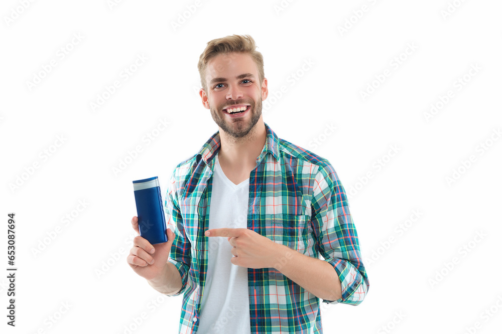 man with haircare cosmetics isolated on white, point finger. man with haircare cosmetics man with haircare cosmetics isolated on white, point finger. man with haircare cosmetics