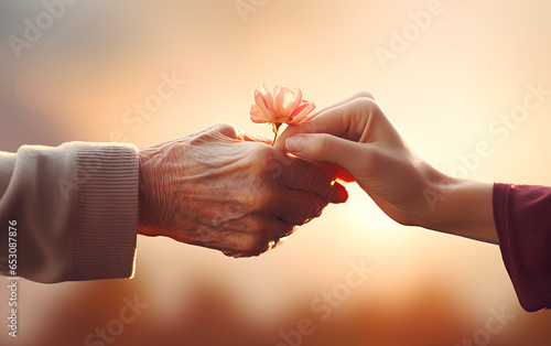 Taking care of the elderly with young woman holding the hand of a senior, Elderly care and life insurance concept.
 photo