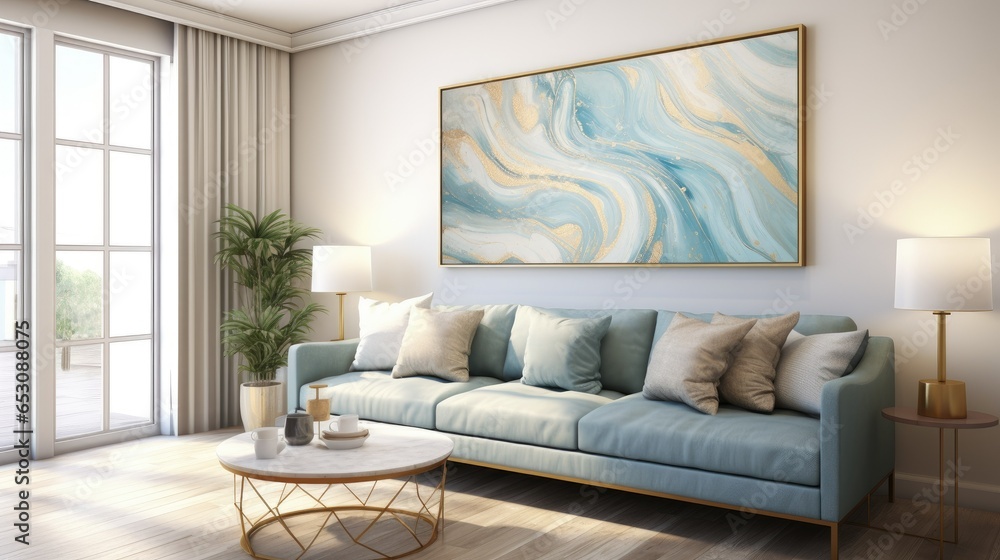 Fototapeta premium modern hall interior, blue hue, marble backdrop