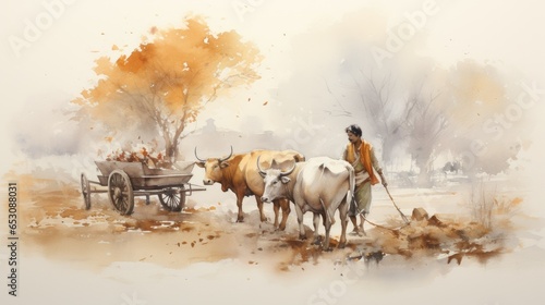 a nostalgic and aesthetically pleasing watercolor painting of an Indian farmer with a cow and a bullcart photo