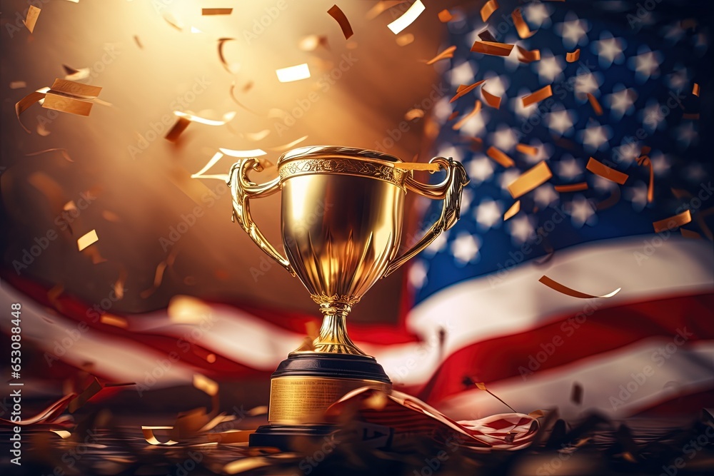 Golden trophy and streamers in sport competition with American flag in background. Golden trophy and streamers in sport competition with American flag in background.