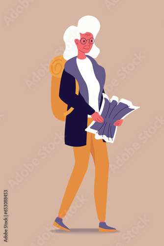 Senior woman traveling with trolley bags. Concept of happy retirement. Time for discover new places. Happy old age. Flat vector illustration in cartoon style isolated