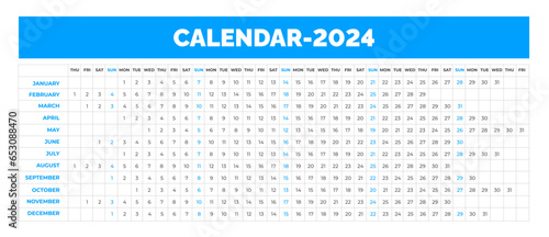 2024 linear calendar. Linear horizontal planner desktop calendar for 2024 year. corporate business Yearly calendar template. Annual schedule grid with 12 months. Horizontal, landscape orientation.